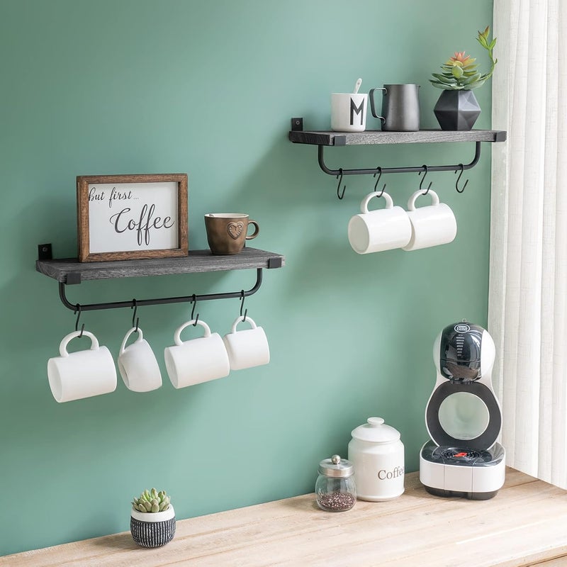 Mkono Mug Holder Wall Mounted Coffee Mug Rack Set of 2 Rustic Floating Shelf for Coffee Bar Accessories Wood Tea Cup Hooks Hanger for Organizing Cooking Utensils, Home Kitchen Decor, Grey - Image 4